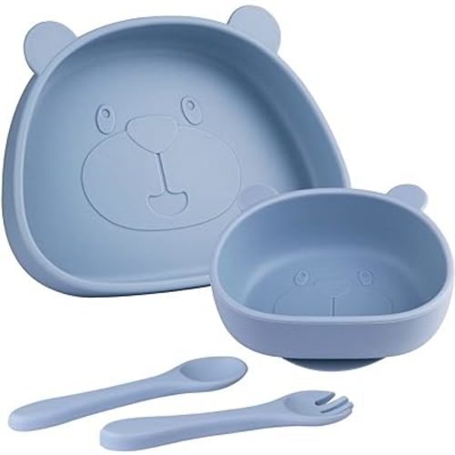 Qshare Baby Plates with Suction,4 pcs Baby Feeding Set, Baby Bowls with Suction,Weaning Supplies with Spoons, Fork, Bowls for Toddlers and Kids, Christmas Dinnerware Set