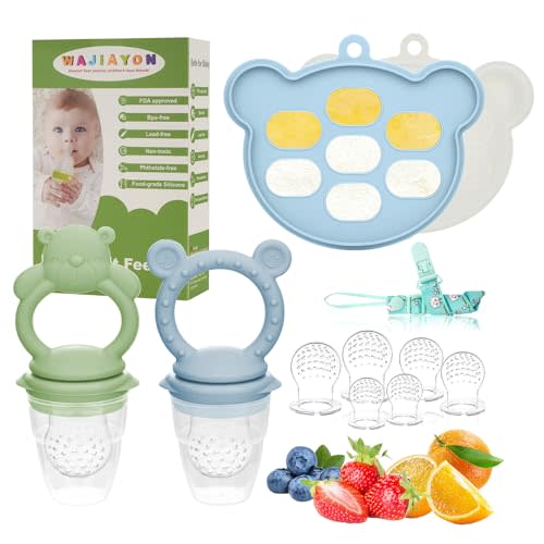 WAJIAYON Baby Breastmilk Popsicle Molds & Baby Fruit Feeder (4 Pack), Baby Food Freezer Tray Storage Containers, Silicone Teething Pacifier Feeder and Teether for Babies,Baby Feeder（Green）