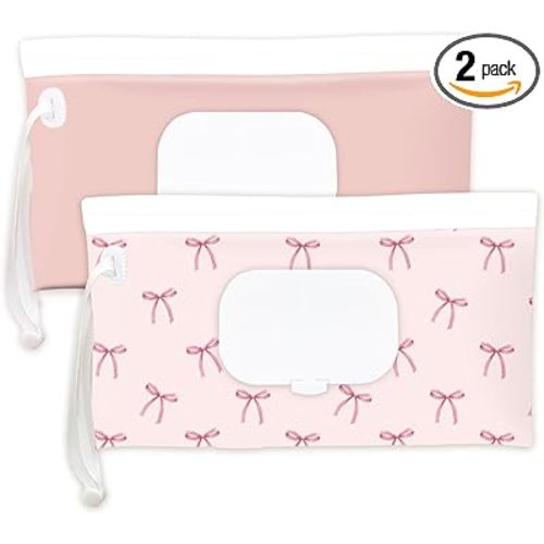Wipe Dispenser and Wipes Container, 2 Pack Reusable Wipes Holder and Travel Wipes Case, Refillable Pouch for Baby Essentials, blush& bow Design (Blush)