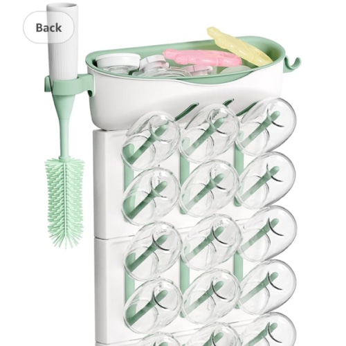 Momcozy DIY Larger Bottle Drying Rack for 18 Bottles, Space Saving Countertop Vertical Rack with Brushes Holder, Detachable Travel Bottle Rack for Baby Accessories & Pump Parts