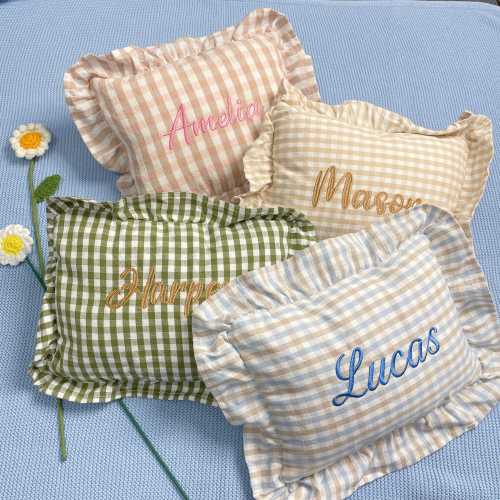 Custom Embroidered Plaid Baby Name Cushion/Personalized baby name pillow/Nordic Style Cotton Pillow with Ruffles/Newborn Bedding Décor