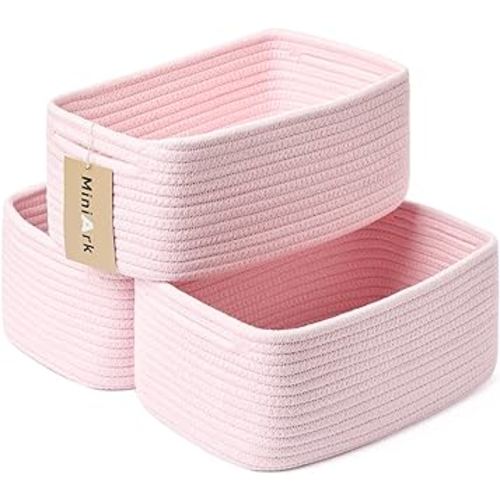 Shelf Storage Baskets for Organizing | Closet Organizer Bins | Small Baskets | Toy Basket | Cute Decorative Basket | Cube Storage Bin | Woven Rope Basket | 13×8.5×5.1” | 3 Packs Light Pink