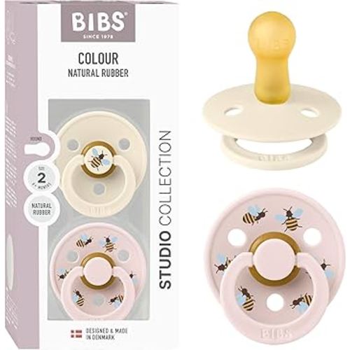 BIBS Studio Soother 2-Pack, BPA Free Dummy Pacifier, Round Nipple. Natural Rubber Latex, Made in Denmark, Size 2 (6-18 Months), Ivory/Petal