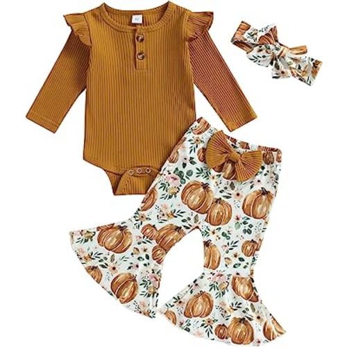 Kuriozud Newborn Baby Girl Bell Bottom Outfit Ruffle Romper Cute Bow Flare Pants Set Headband Cute Clothes