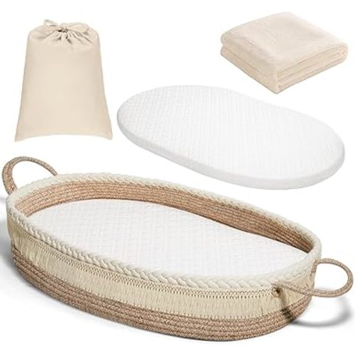 HARPPA Baby Changing Basket, Moses Basket with Waterproof Pad and Blanket, Portable and Washable Woven Basket for Dresser and Diaper Changing Baby Nursery(Brown)