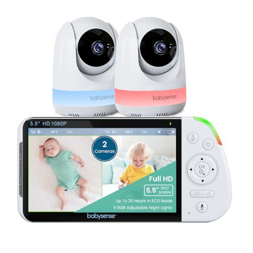Babysense 5.5” 1080p Full HD Split-Screen Baby Monitor, Video Baby Monitor with 2 Cameras and Audio, 6-Color RGB Night Light, 1000ft Range, Two-Way Audio, 4X Zoom, 5000mAh Battery