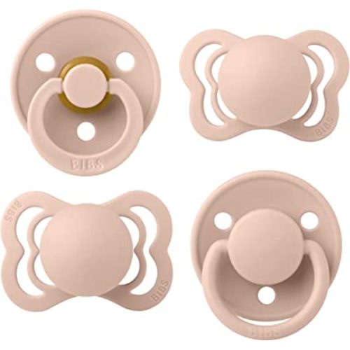 BIBS Try-It Collection | 4-Pack Soothers | BPA-Free Round, Anatomical & Symmetrical Nipple | Natural Rubber Latex/Silicone | Made in Denmark | 0-6 Months | Blush