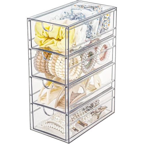 FABROK Clear Hair Accessory Organizer Box with 4 Drawers, Compact Storage Organization Drawers Set for Cosmetics, Glasses, Stationery, Stackable Storage Containers Box for Bathroom, Closet, Desk, Office