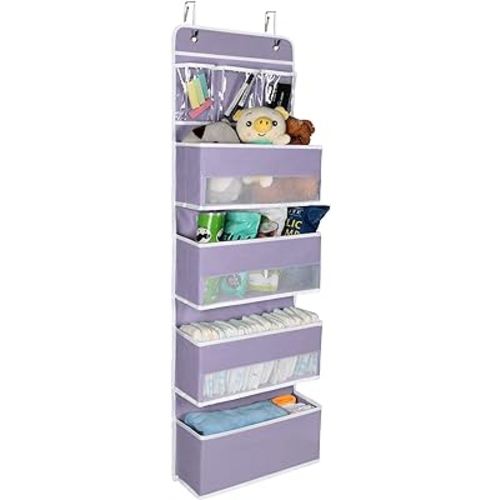Univivi Door Storage Organizer Nursery Over the Door Organizer Baby Storage with 4 Large Pockets and 3 Small PVC Pockets for Cosmetics, Toys and Sundries (Purple)