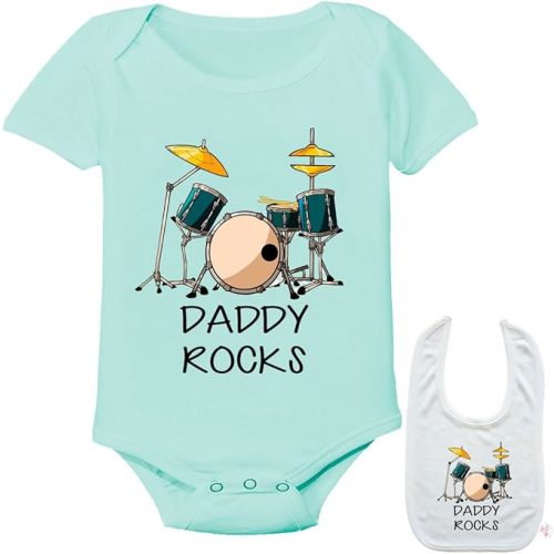 Daddy Rocks -Cute Drums Music Newborn Infant Baby bodysuit outfit onesie & bib - 0-3M - Green