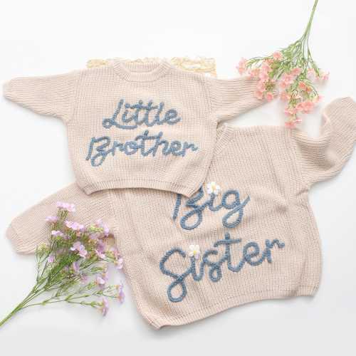 Hand Embroidered Big Brother Sweater, Sister Matching Set, Personalized Toddler Birthday Gift, Pregnancy Announcement, New born Baby Gift