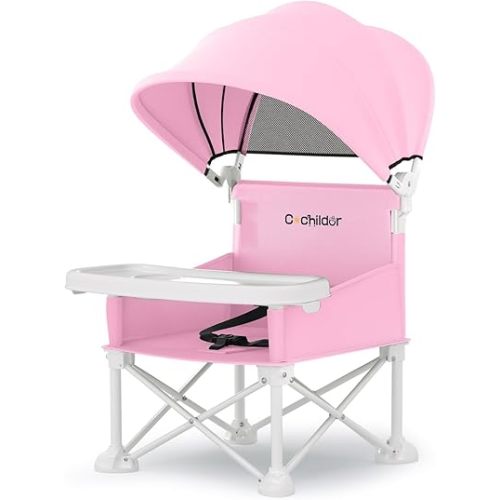 4-in-1 Portable Baby Chair, Foldable Toddler Booster Seat with Removable Tray, Canopy & Safety Harness, Pink