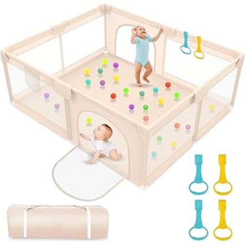 Playpen for Babies and Toddlers 79x71inch - Extra Large Baby Gate Playpen with Soft Breathable Mesh Cover - Indoor and Outdoor Baby Playpen - Portable Playpen for Babies (Apricot)
