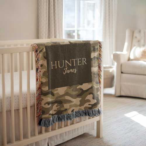 Customized Camo Baby Woven Blanket, Camo Baby Shower Gift, Camo Nursery Decor,Personalized Hunting Camo Baby Blanket, Camo Name Blanket Gift