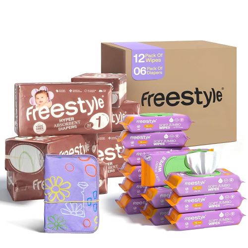 Freestyle Diapers Size 1 (Pack of 6), Jumbo Wipes (Pack of 12) and Change Mat with Travel Pouch - Monthly Supply Bundle