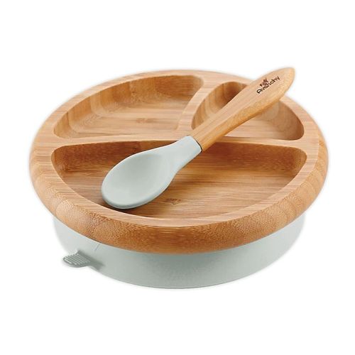 Avanchy Bamboo + Silicone Suction Divided Infant Plate and Spoon in Grey