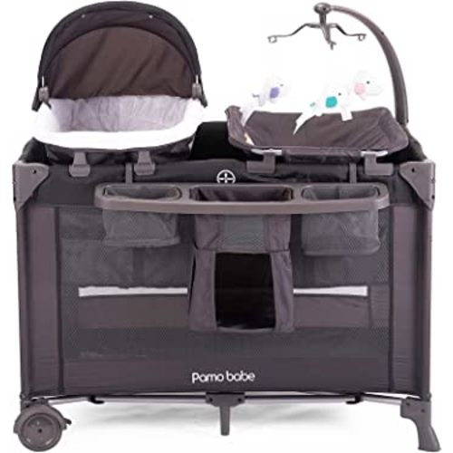 Pamo babe 4 in 1 Portable Crib for Baby,Nursery Center with Removable Canopy, Changing Table, Lockable Wheels, Storage Bag