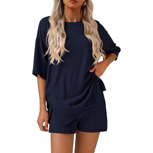 KIRUNDO 2 Piece Sets for Women Summer Lounge Sets Casual Oversized Tshirts Shorts Matching Airport Travel Outfits Postpartum