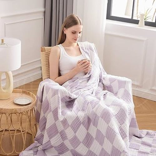 EMME Checkered Throw Blanket Cotton for Couch Soft Muslin Blankets 50"x60" Lightweight Breathable Soft Blanket All Season Gauze Blanket, Lavender