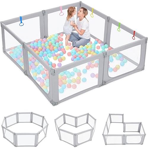 Dripex Foldable Baby Playpen, 71"×69" Play Pens for Babies and Toddlers, Safe Anti-Fall Play Yard with Gates, Baby Fence with Breathable Mesh, Indoor & Outdoor Kids Activity Center, Ash Grey