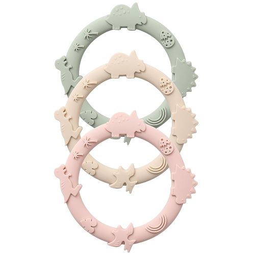 Silicone Teethers for Babies 0-6 6-12 Months Teething Toys for Infants Baby Chew Toys for Sucking Needs Baby Teething Rings for Infant Boys and Girls 3 Pack-Dinosaur-Blush