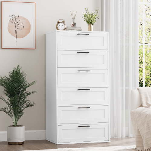 Homfa 6 Drawer Tall Dresser, Chest of Drawer Storage Cabinet with Metal Handles for Bedroom, White