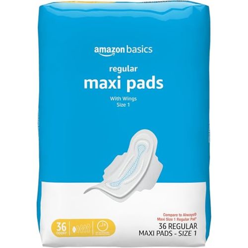 Amazon Basics Thick Maxi Pads with Wings for Periods, Regular Absorbency, Feminine Pads, Unscented, Size 1, 36 Count