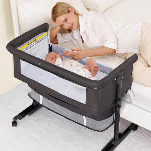 kmaier Baby Bassinet Bedside Crib Foldable Portable with Adjustable Height, Wheels and Storage Basket,Dark Gray