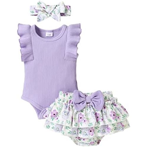 Tiny Cutey Baby Girl Clothes Infant Summer Outfits Set Ruffle Sleeve Romper and Floral Shorts with Headband