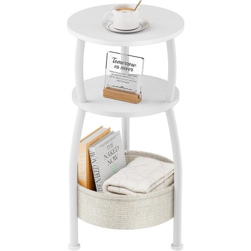 Small Round Side Table for Living Room with Storage Basket –Small Space Saving End Table 3-Tier Nightstand Couch Corner Stand Bedroom, Garden and More 24in Tall Matte White