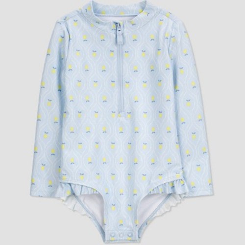 Carter's Just One You®️ Baby Girls' Long Sleeve Lemon Printed One Piece Rash Guard - Lemon Yellow/Blue 12M