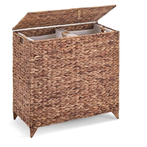 Handwoven Large Laundry Hamper with Lid and 2 Removable Liner Bags, Heightened Feet Natural Hyacinth Clothes Hamper,Wicker Laundry Basket for Clothes and Towels