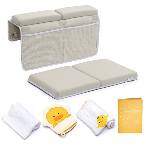 Bath Kneeler with Elbow Rest Pad Set, 1.75 inch Thick Kneeling Pad and Elbow Support for Knee Arm Support, Large Bathtub Kneeling Mat with Toy Organizer for Happy Baby Bathing Time, Beige - Large (Pack of 1)