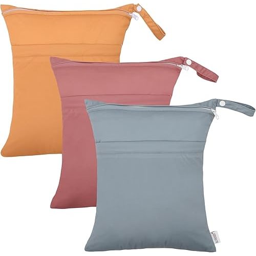 ALVABABY 3pcs Cloth Diaper Wet Dry Bags Waterproof Reusable with Two Zippered Pockets Travel Beach Pool Daycare Soiled Baby Items Yoga Gym Bag for Swimsuits or Wet Clothes 3L-ZM11
