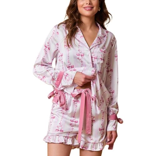 Women Pajamas Bow Tie Long Sleeve Shirt and Ruffle Shorts Cute 2 Piece Print Sleepwear