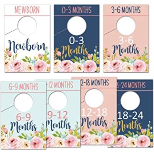 Baby Closet Size Dividers, Floral Baby Closet Organizer for Girl, Newborn Nursery Wardrobe Divider Hangers to Arrange Clothes with Separator By Size or Age, Baby Shower, 0-24 Months