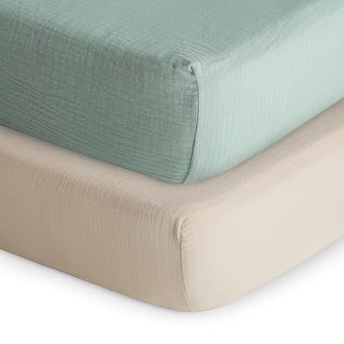 mushie Extra Soft Muslin Fitted Crib Sheet 2-Pack | 192 Thread Count | 28"x 52" (Roman Green/Fog)