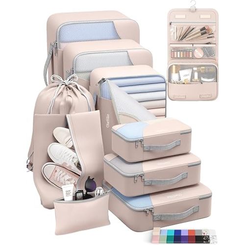 10 Set/8 Set Packing Cubes for Travel, Gifts for Women Mom,Anti-Tearing Suitcase Organizer for Luggage with Shoe & Hanging Toiletry Bag,OlarHike Vacation Essentials & Accessories for Cruise Ship,Beige