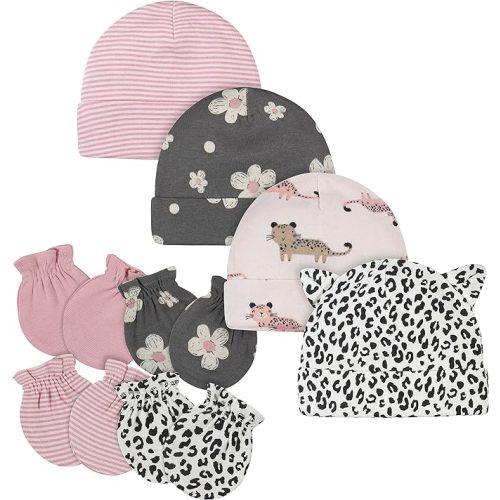 Gerber Baby Girls Cap and Mitten Sets 8pc Pink Leopard Newborn