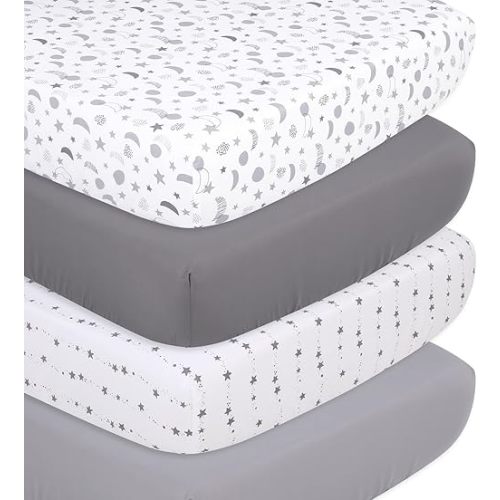 The Peanutshell 4-Pack Fitted Crib Sheet Set - Super Soft & Breathable Baby Girl or Boy Crib Sheets, Nursery Decor, Fit for Standard Crib Mattress Sheet - Celestial Moon & Stars