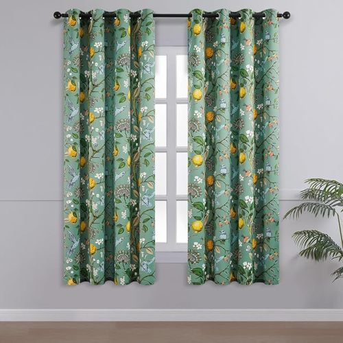 Topfinel Blackout Curtains 63 Inch Length 2 Panels, Cottagecore Tropical Forest Leaf Flower Hummingbird Lemon Patterned Energy Efficient Grommet Cute Green Drapery Treatment Nursery Classroom