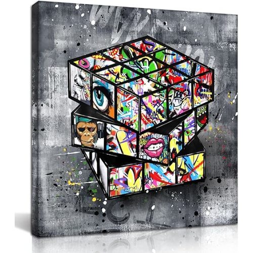 SIXTTART Banksy Canvas Wall-Art for Bedroom - Street Graffiti Wall Art Abstract Painting Pop Art Wall Decor Modern Home Office Decor 14" W x14 H Stretched and Framed Ready to Hang
