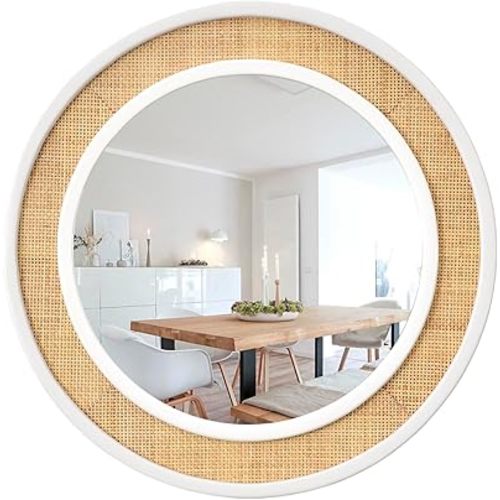 Round Rattan Mirror, 24" Circle Wall Mirror, Farmhouse Wooden Vanity Mirror with Handmade Wicker Frame, Decorative Boho Mirror for Nursery Bedroom Living Room Entryway White