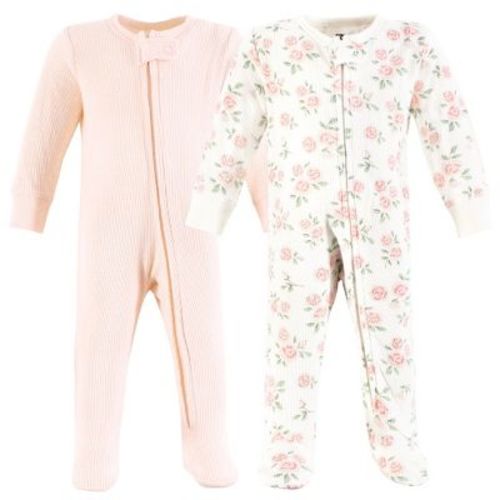 Hudson Baby Girls Thermal Zipper Sleep And Play 2pk, Soft Pink Sage Rose, Newborn