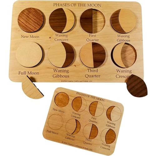 Creative Crafthouse Moon Phases Puzzle - Wooden Montessori Lunar Cycle STEM Learning Toy with Engraved Guide Board - Handmade in USA