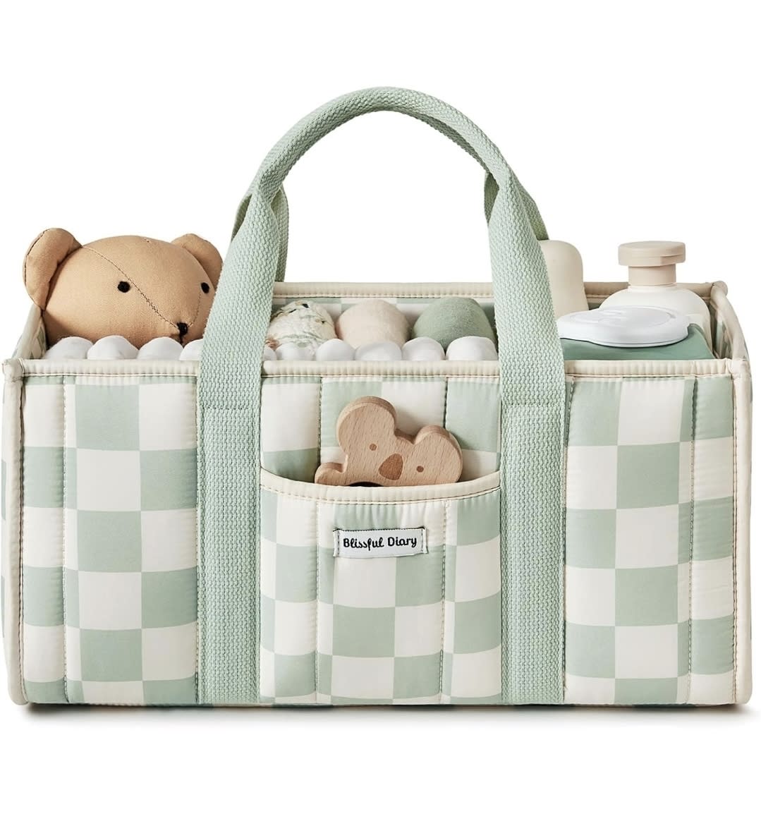 Blissful Diary Checkered Diaper Caddy Organizer, Stylish Nursery Storage Basket, Gift for Baby Shower, Newborn Essentials, Registry Search Must Haves, Sage Green