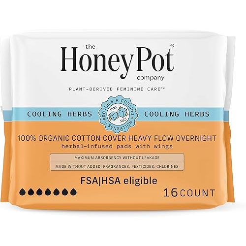 The Honey Pot Company - 64ct - Herbal Sanitary Pads for Women - Heavy Flow Overnight w/Wings - Infused w/Essential Oils for Cooling Effect & Organic Cotton Cover - Feminine Care - FSA & HSA - 16 ct