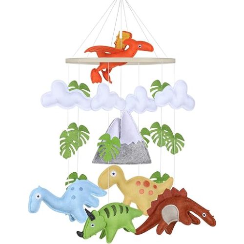 CLYMENE Dinosaur Baby Mobile for Crib | Baby Nursery Dinosaur Mobile | Gender Neutral Baby Stuff for Dinosaur Theme Nursery | Handmade Felt Hanging Dino and Mountain Room Decor for Boys & Girls