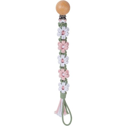 Pacifier Clip for Boys Girls Floral Daisy Macrame Baby Paci Clip Pacifier Holder Leash Boho Wooden Clips Handmade Braided Cotton Binky Clips (1pack:Misty Rose)