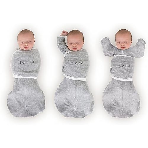 SwaddleDesigns Omni Swaddle Sack for Newborn, Transitional Swaddle Sack with Wrap & Arms Up Sleeves & Mitten Cuffs, Easy Transition Swaddle Sleep Sack, Heathered Gray, Loved, Small, 0-3 Months